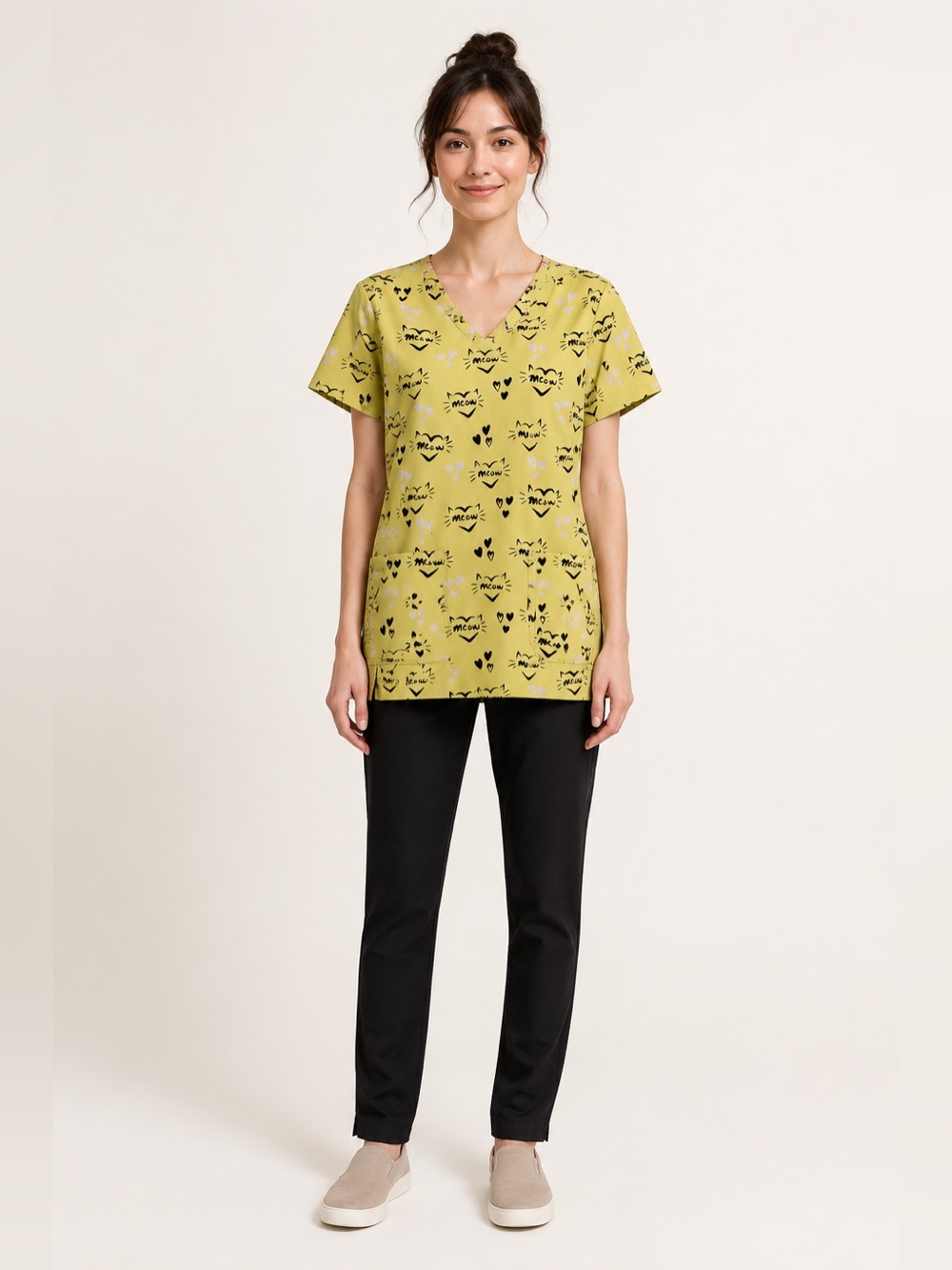 HeartSoul Meow Or Never Cat Print Scrub Top Women’s Large Yellow HS614